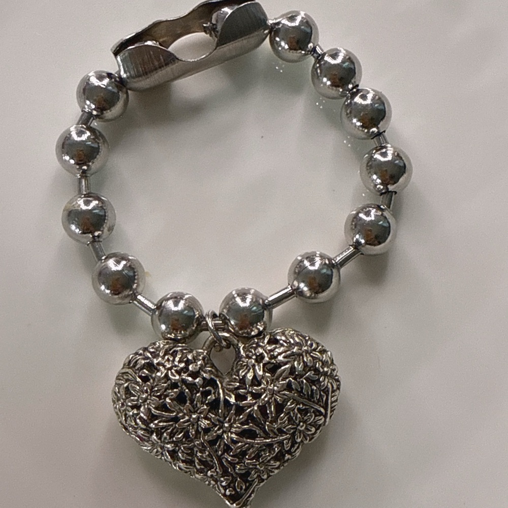 Stainless Steel Ball Chain Silver Heart Charm Bracelet